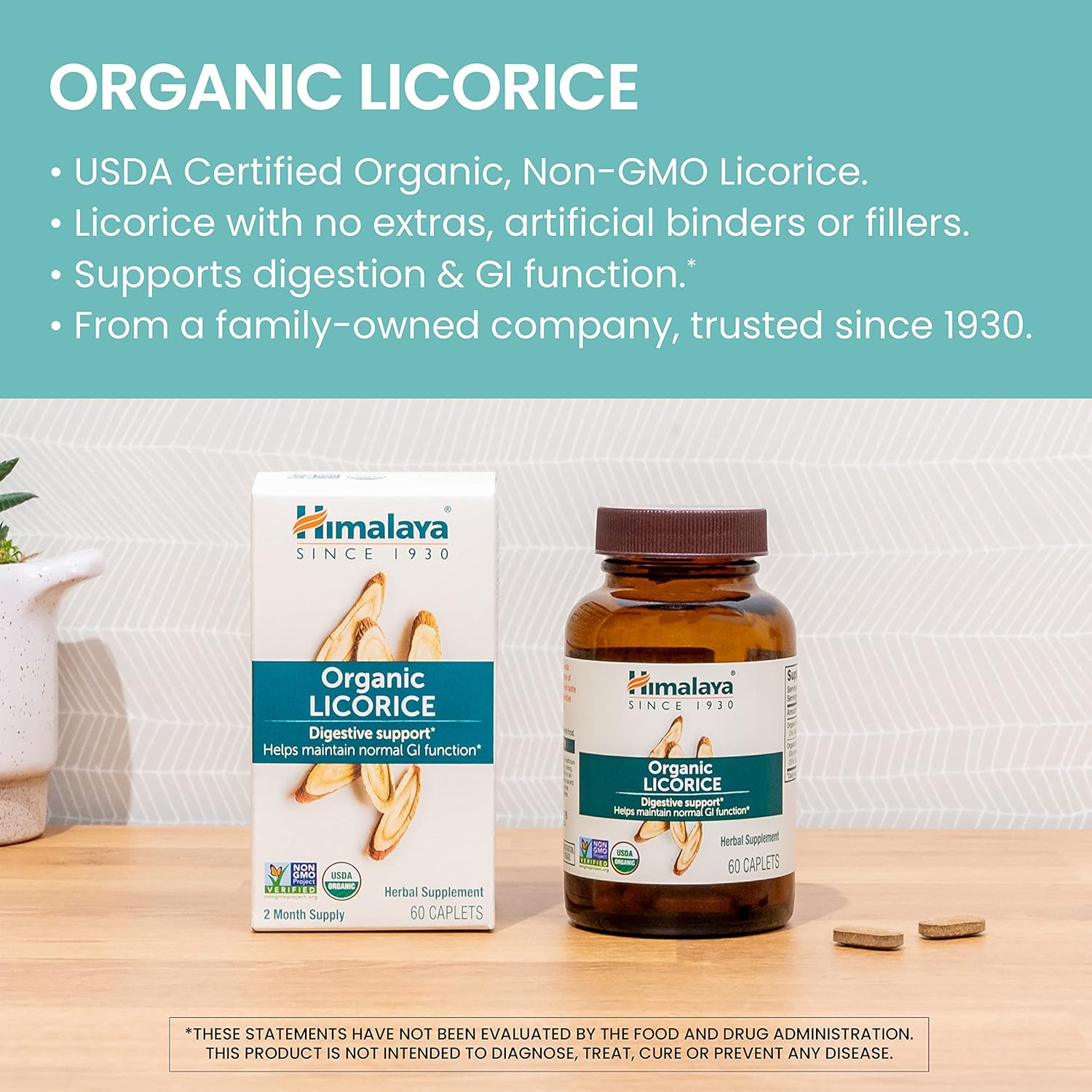 Himalaya Organic Licorice, 120 Day Supply - Digestive Health Supplement for Upset Stomach, Occasional Bloating and Heartburn - USDA Organic, Vegan, Non-GMO, Non-DGL, Gluten Free, 60 Caplets, 2 Pack