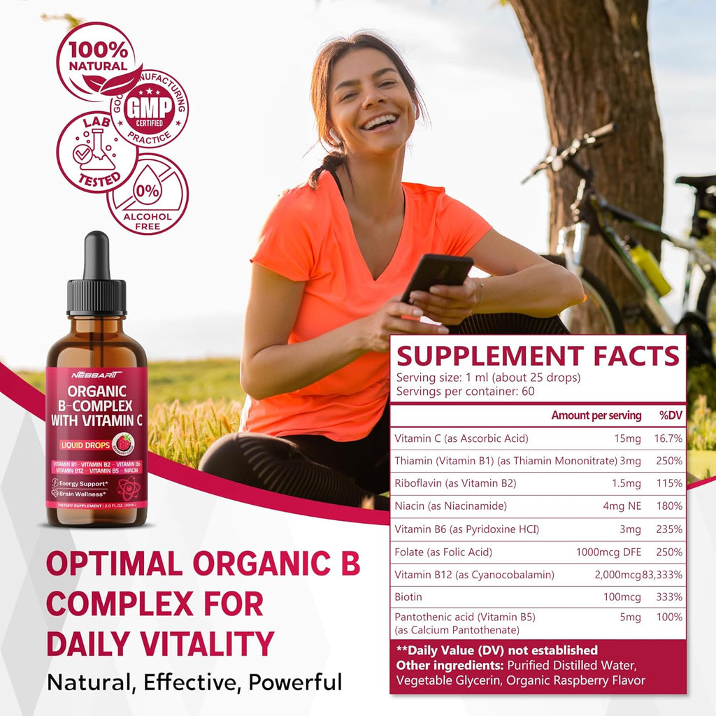 Organic B-Complex Liquid Drops with Vitamin C - B1, B2, B6, B12, B5, Niacin - Energy Support, Brain Wellness - Raspberry Flavor - Made in USA - 2.0 fl oz (60ml)