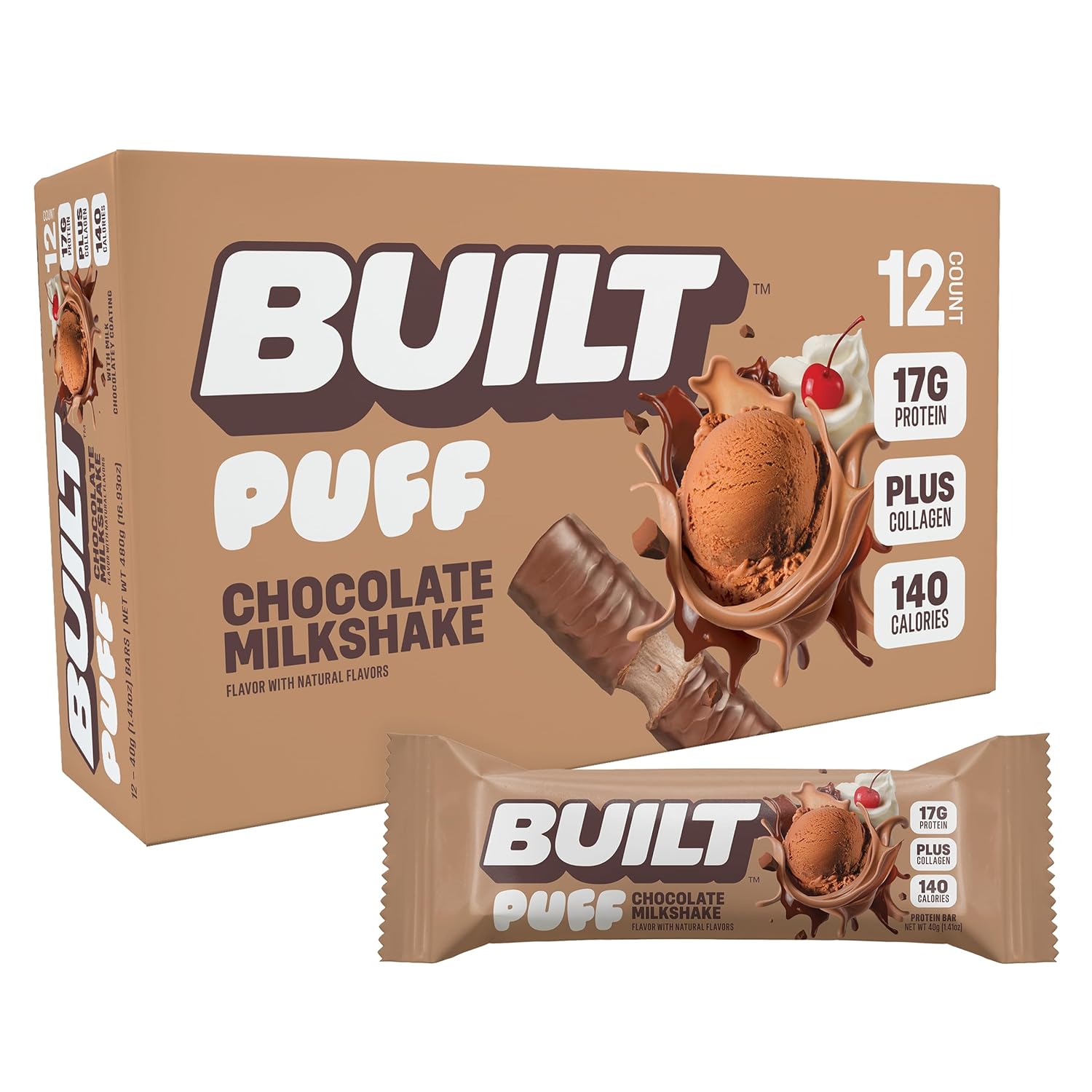 Built Bar Puff Protein Bars, Chocolate Milkshake, Collagen, On-the-go Snacks, Gluten Free, 12 Pack