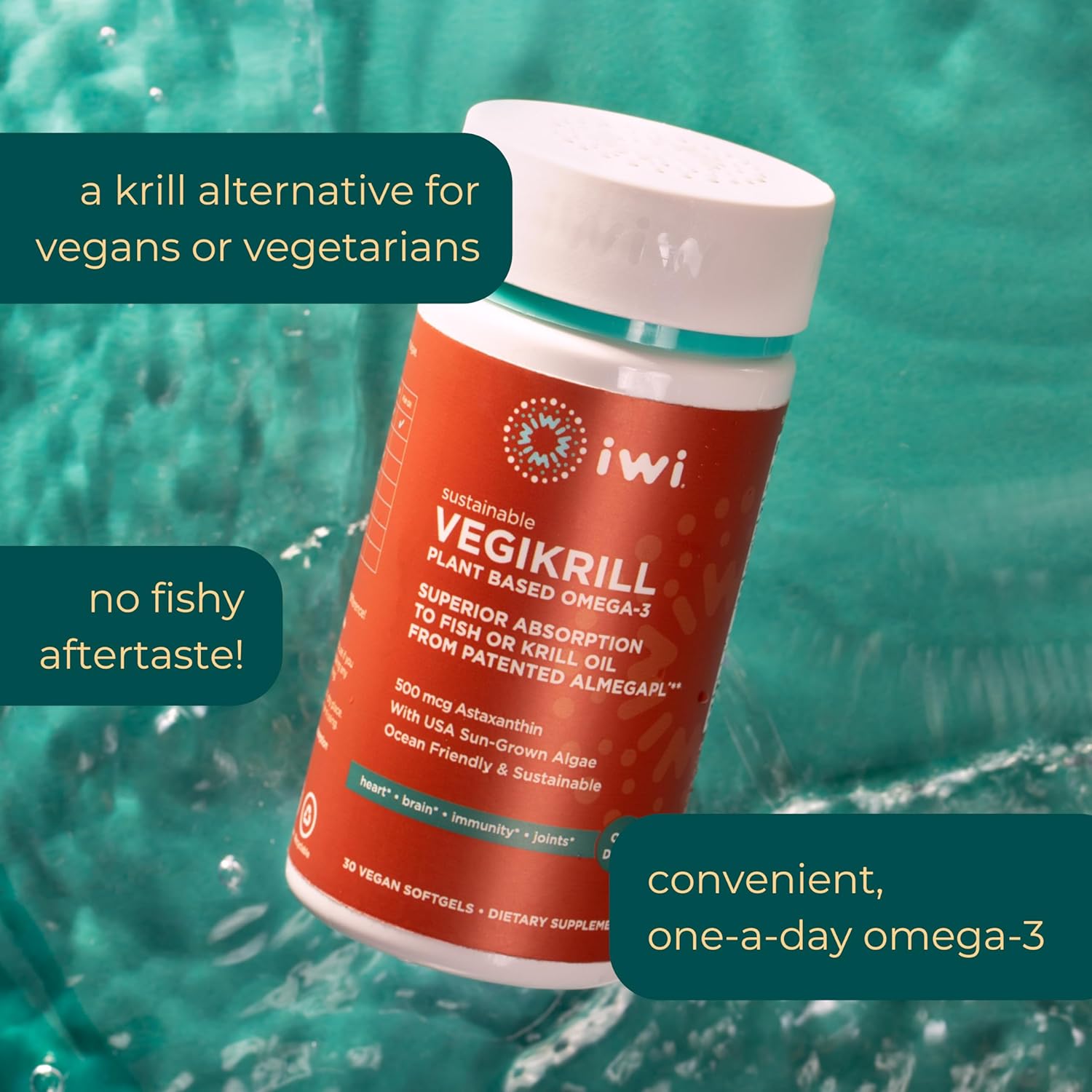 iwi Life Vegikrill Omega-3, 30 Softgels (30 Servings), Vegan, Plant-Based Algae Omega-3 with Astaxanthin, Whole-Body Support Dietary Supplement, Krill & Fish Oil Alternative, No Fishy Aftertaste