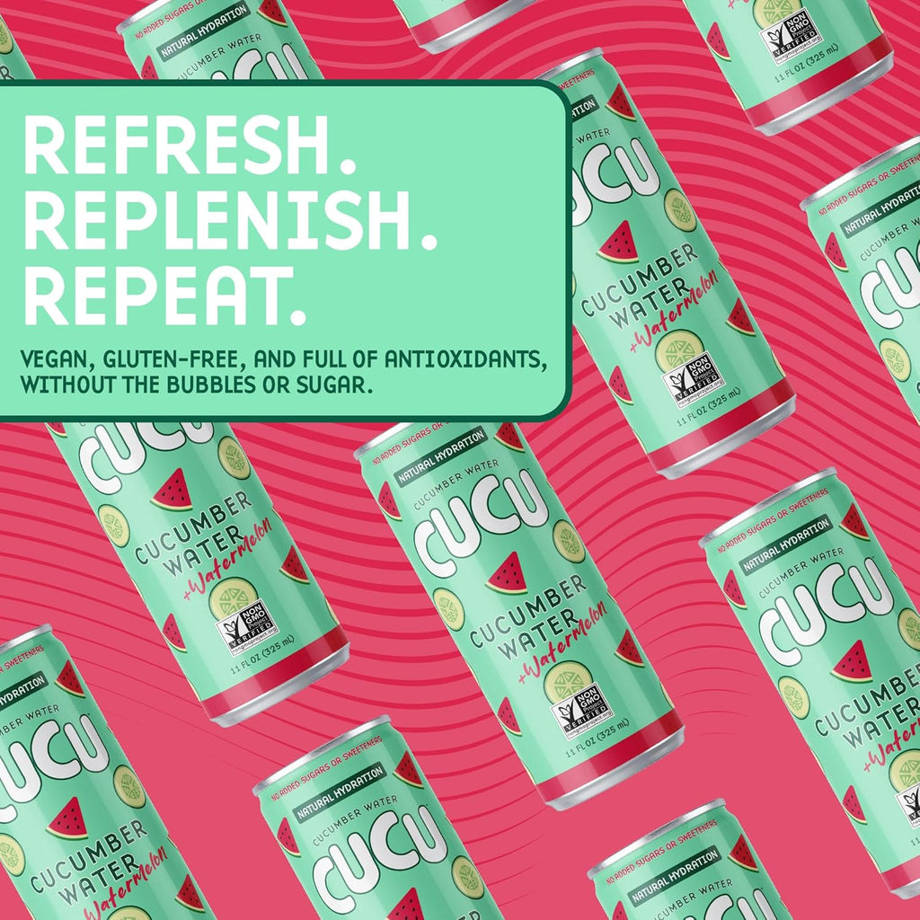 CUCU Cucumber Water + Watermelon Water – Natural Hydration from Cucumbers with Vitamin C, Electrolytes & Antioxidants – No Sugar Added, Non-GMO – 12 Pack, 11 fl oz Cans