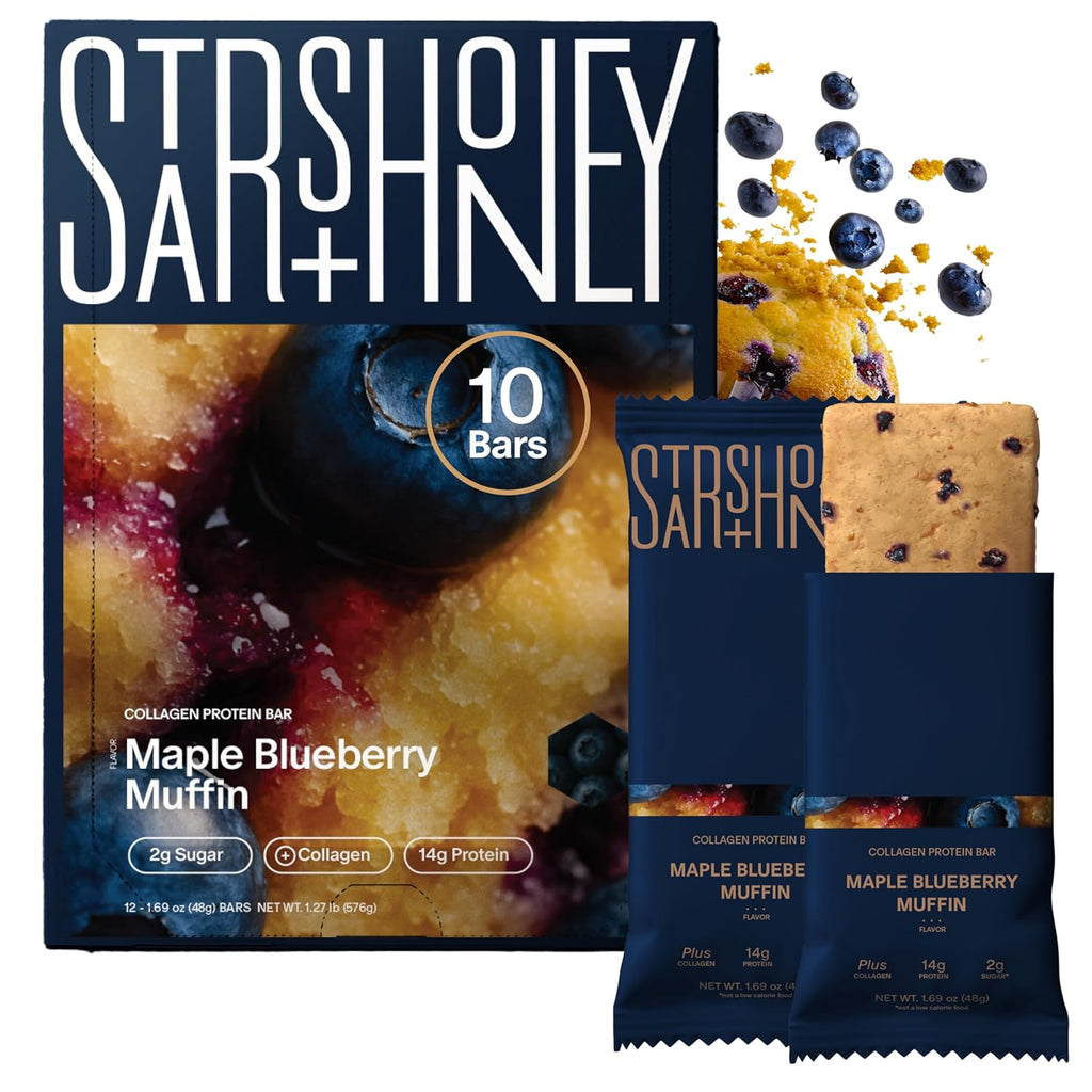 Stars + Honey Protein Bars - Maple Blueberry Muffin,14g Protein, 2g Sugar, w/Collagen Keto Friendly Snack - Gluten, Dairy, Seed Oil, & Soy Free - High-Protein Snacks for Energy & Recovery -10 pack
