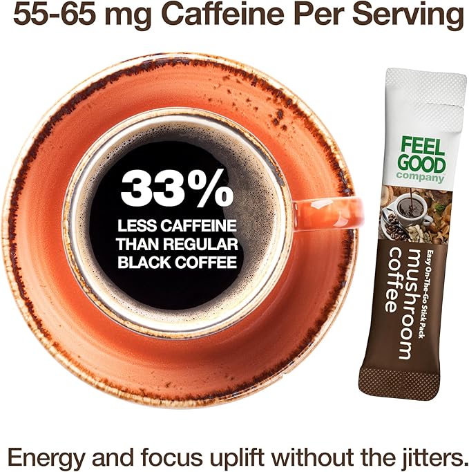 Feelgood Company Mushroom Coffee with 10 Organic Mushrooms and Arabica Coffee, 30 Stick Packs, Zero Added Sugar, Supports Immune Health and Brain Function
