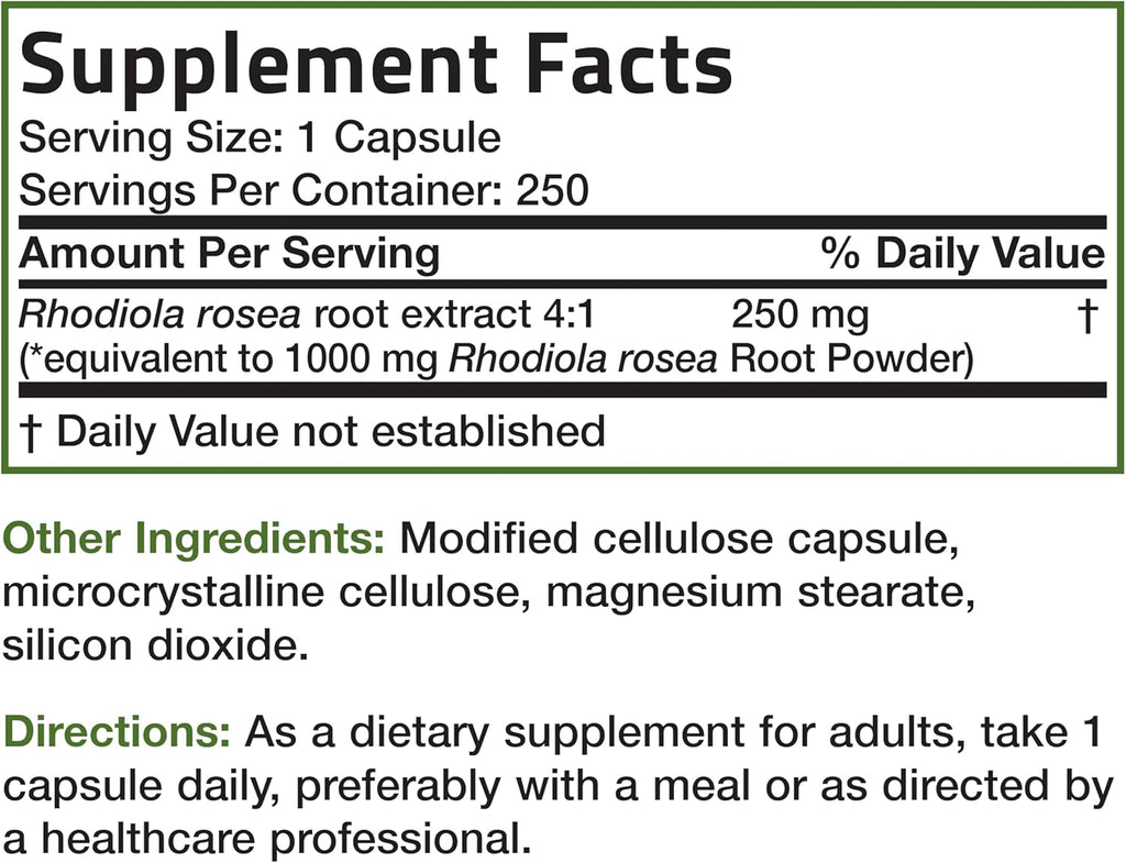 Bronson Rhodiola Rosea Vegetarian Capsules - Adaptogenic Herb - Brain, Stress & Mood Support - Non-GMO, 250 Count