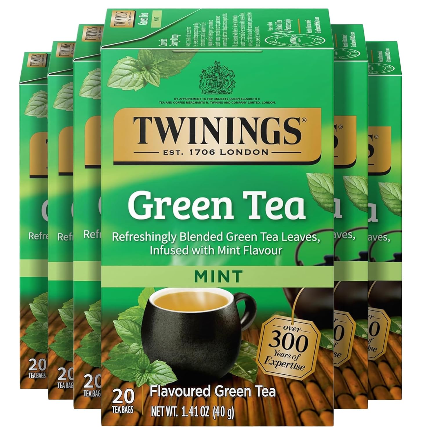 Twinings Green Tea with Mint Individually Wrapped Bags, 20 Count (Pack of 6), Invigorating Aroma, Caffeinated, Enjoy Hot or Iced, 120 Teabags
