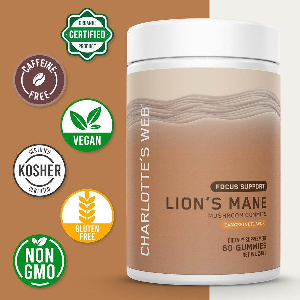 Charlotte's Web Focus Support Mushroom Gummies for Focus and Energy w/Lion’s Mane, Natural Cognitive Support Lions Mane Gummies for Adults — Tangerine Flavor (30 Servings)