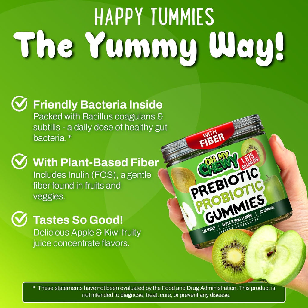 Center-Filled Kids Probiotic Gummies - with Prebiotic and Vegan Inulin Fiber for Digestive Support - Gut Health Supplement for 3+ Yo Children & Teens - Delicious Apple & Kiwi Flavor - 60 CT