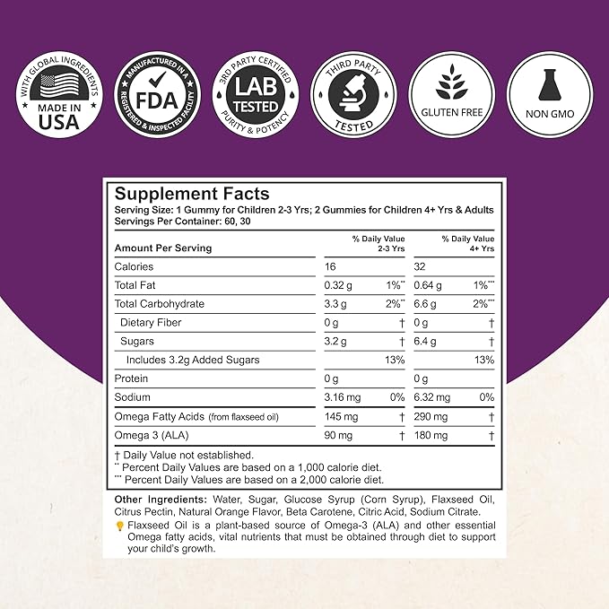 NuBest Omega 3 Gummies for Kids & Teens with Flaxseed Oil | Supports Brain Growth, Mental Clarity, Focus, and Eye Health | No Added Sugar | Orange Flavor | 60 Premium Vegan Gummies | 1 Month Supply