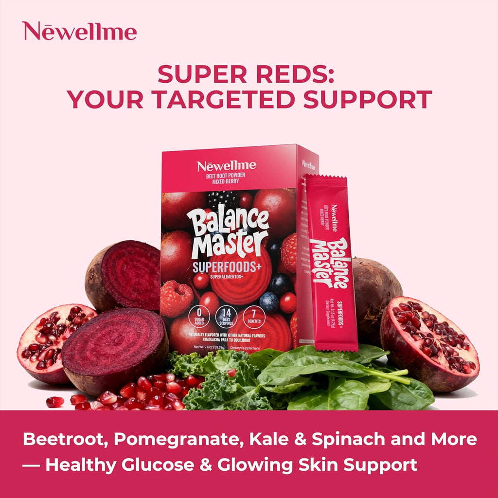 NEWELLME Balance Master Super Reds Beet Root Powder for Smoothies, Baking & Juices – Red Fruits & Greens Blend for Natural Energy & Vegan Red Food Coloring – Mixed Berry Flavor, 14 Pack