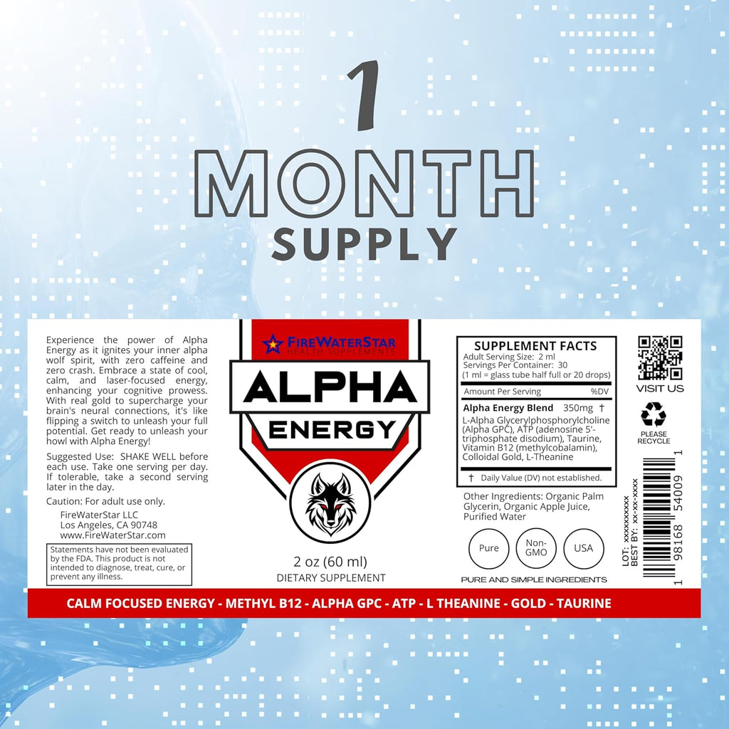 FWS Alpha GPC Energy, Liquid Alpha GPC with L-Theanine and B12, Caffeine Free, Organic, Non-GMO, Fast Acting Nootropic Brain Supplement for Memory Focus Energy, Supports Healthy Brain Function