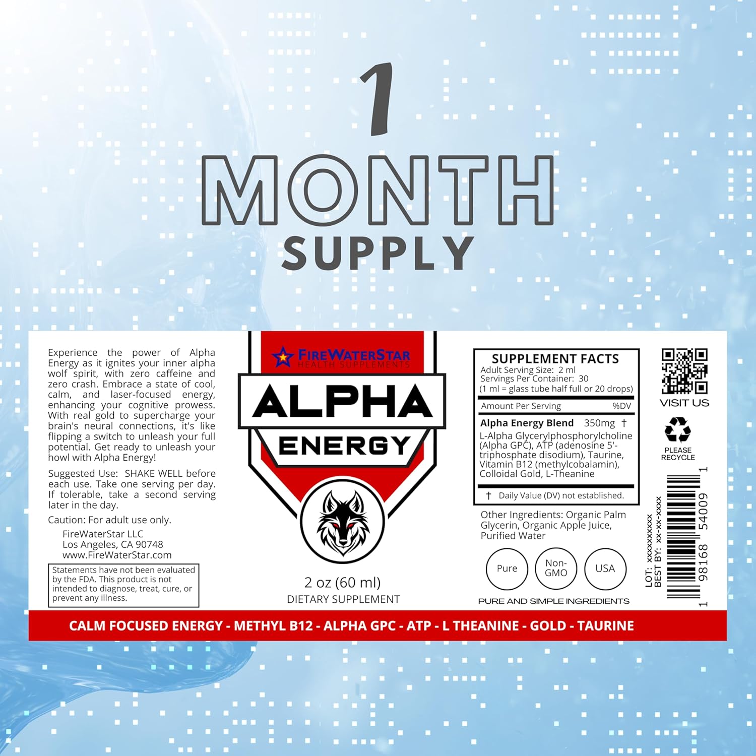 FWS Alpha GPC Energy, Liquid Alpha GPC with L-Theanine and B12, Caffeine Free, Organic, Non-GMO, Fast Acting Nootropic Brain Supplement for Memory Focus Energy, Supports Healthy Brain Function