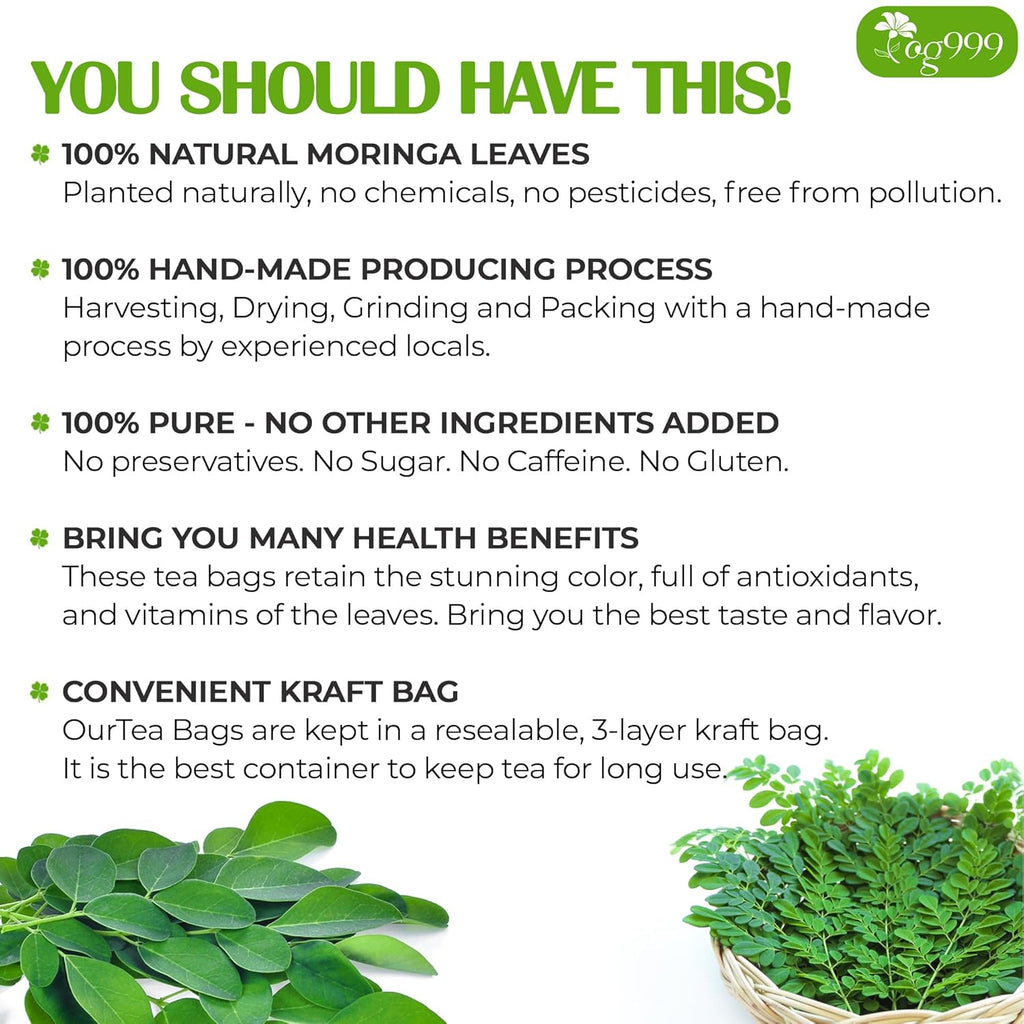 TOG999, Premium 60 Moringa Leaf Tea Bags, 100% Natural & Pure, Loose Leaf Moringa Herbal Tea. No Sugar, No Caffeine, No Gluten, Vegan.