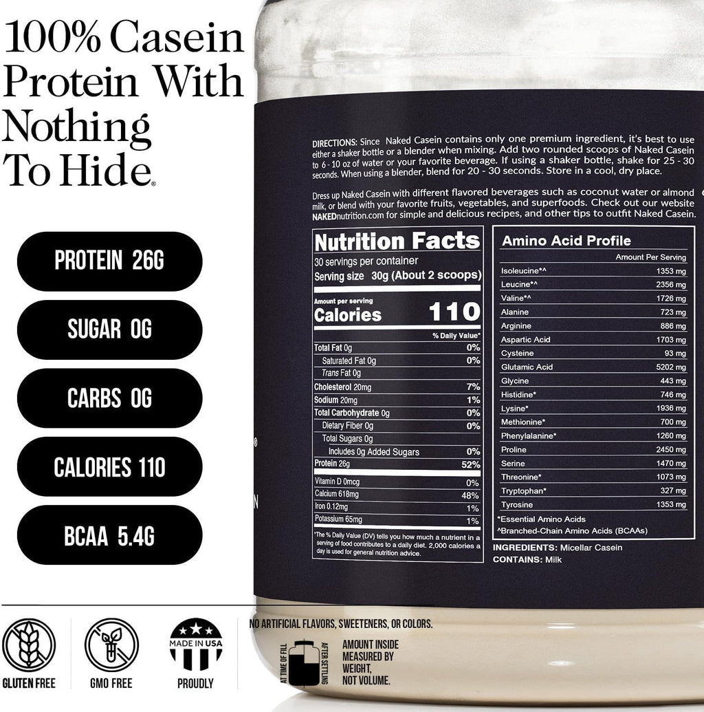 NAKED Casein - 2Lb Micellar Casein Protein - Bulk, GMO-Free, Gluten Free, Soy Free, Preservative Free - Stimulate Muscle Growth - Enhance Recovery - 30 Servings