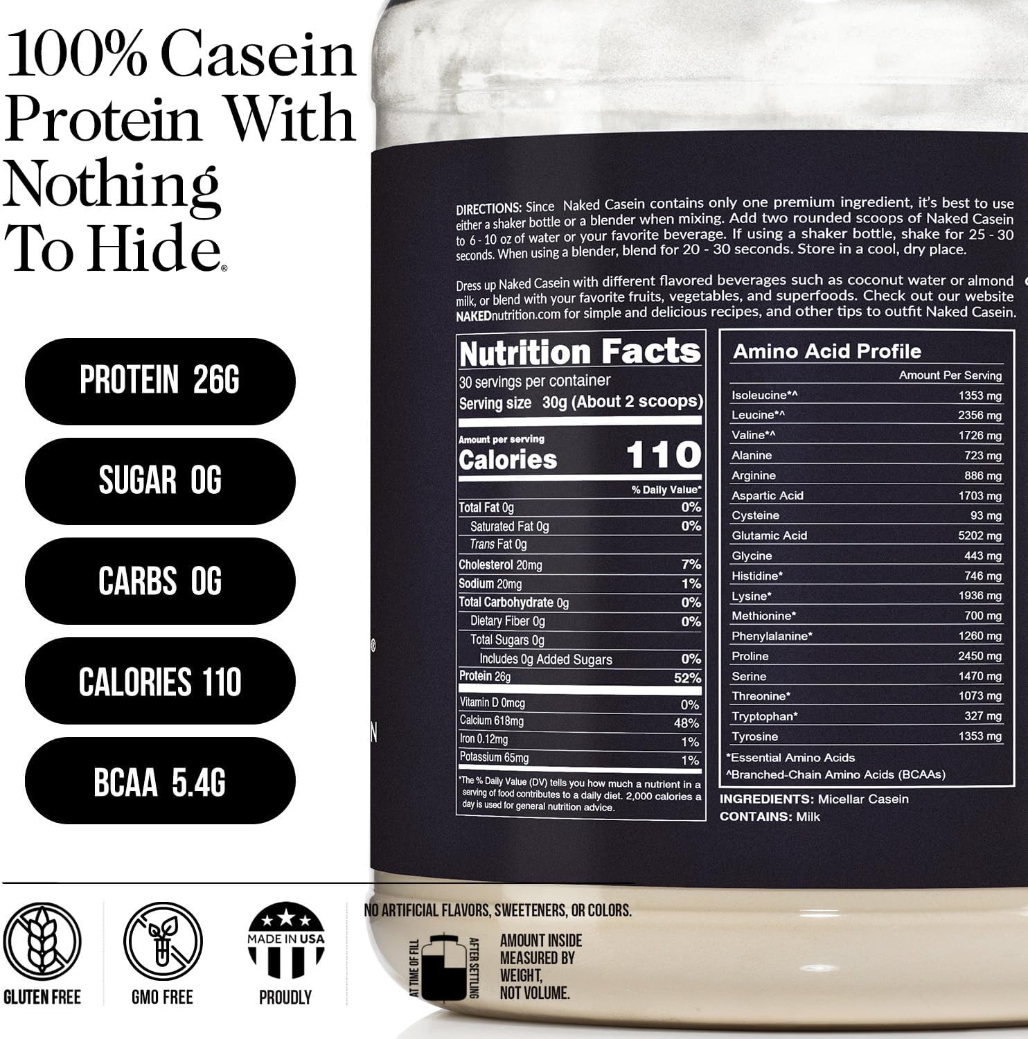 NAKED Casein - 2Lb Micellar Casein Protein - Bulk, GMO-Free, Gluten Free, Soy Free, Preservative Free - Stimulate Muscle Growth - Enhance Recovery - 30 Servings