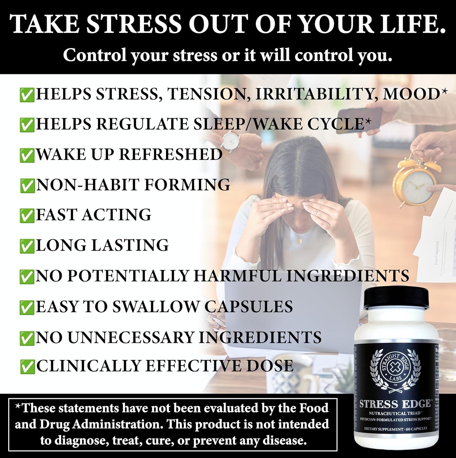 Stress Edge Stress Relief Supplement, Natural Mood Enhancer, Physician-Formulated, Calm Mind and Body, Improve Sleep, Fast Acting, 30 Servings