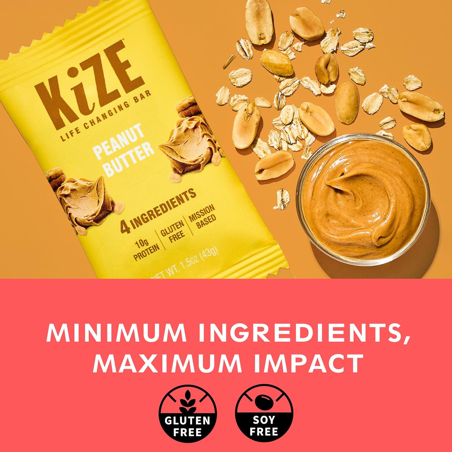 KiZE Energy Bars - Peanut Butter - 20-Count - Gluten Free, Non-GMO, and High Protein Meal Replacement Energy Bars, Clean and Simple Food Ingredients - 10g High Protein Snacks (20 Count)