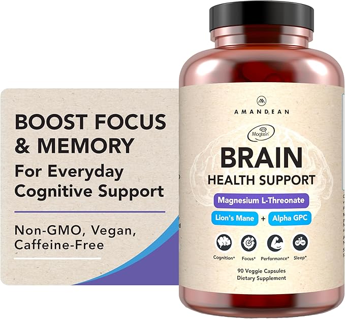 AMANDEAN Nootropic Brain Supplements for Memory and Focus, Improves Mental Clarity and Cognitive Function, Magnesium L-Threonate (Magtein), Lions Mane and Alpha GPC - (90 Veggie Capsules)