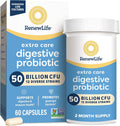 Renew Life Extra Care Digestive Probiotic Capsules, 50 Billion CFU Guaranteed, Daily Supplement Supports Immune, Digestive, Respiratory Health(1), L. Rhamnosus GG, Dairy, Soy and Gluten-Free, 60 Count
