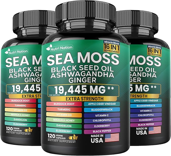 Sea Moss Black Seed Oil Ashwagandha Turmeric Bladderwrack Burdock & Vitamin C Vitamin D3 with Elderberry Manuka Dandelion Yellow Dock Iodine Chlorophyll 16 in 1 Supplement (120 Capsules) 1 Bottle