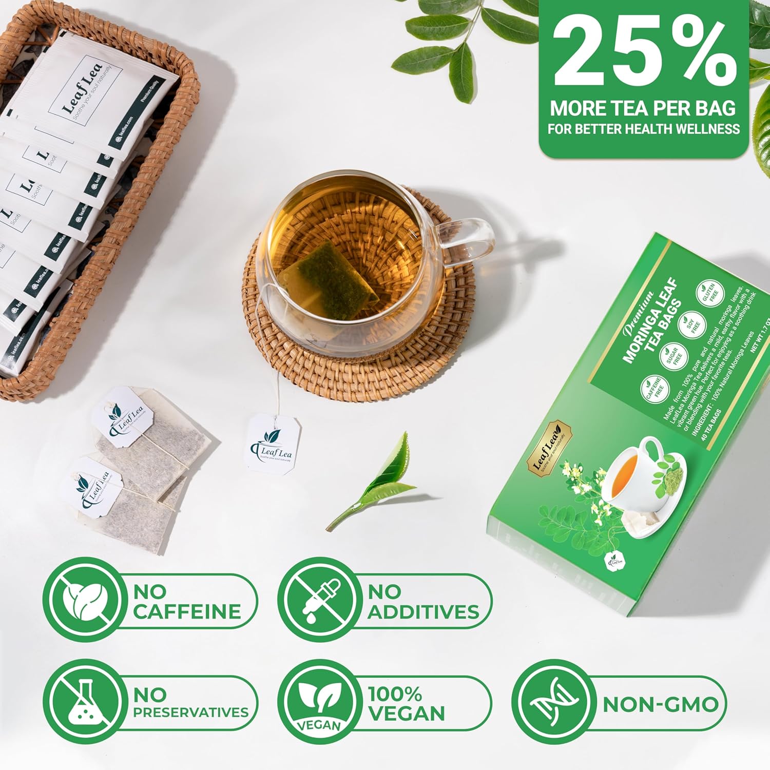 LeafLea 40 Moringa Tea Bags, 100% Natural and Pure Moringa Leaf Herbal Tea, Supports Digestion and Immune Health, Caffeine-Free, Sugar-Free, Vegan, Individually Wrapped for Freshness