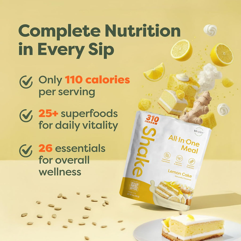 310 Nutrition All-In-One Meal Replacement Shake Powder - Plant-Based Protein Smoothie Blend w/ High Fiber, Probiotics & Adaptogens - Low Carb, Vegan, Keto & Paleo Friendly - Lemon Cake - 14 Servings