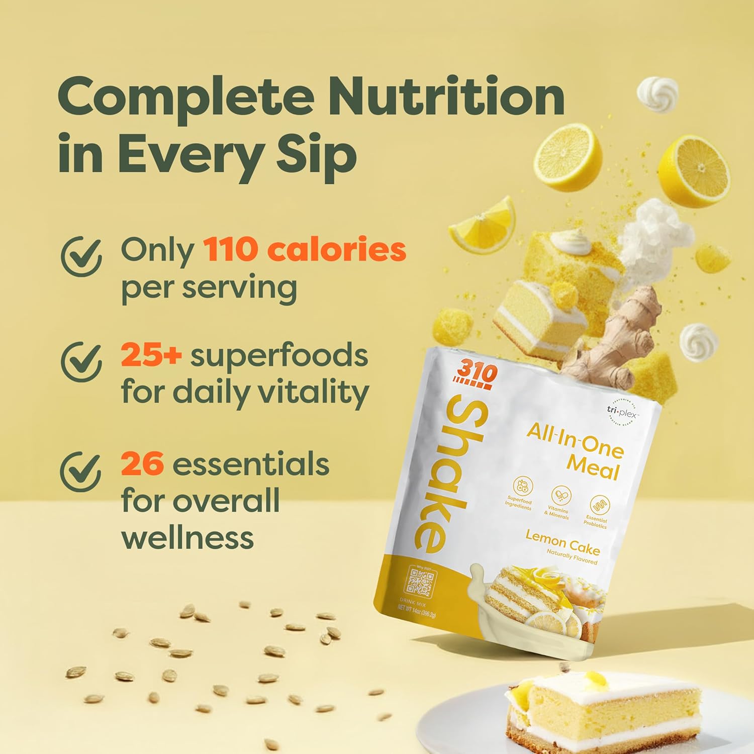 310 Nutrition All-In-One Meal Replacement Shake Powder - Plant-Based Protein Smoothie Blend w/High Fiber, Probiotics & Adaptogens - Low Carb, Vegan, Keto & Paleo Friendly - Lemon Cake - 28 Servings