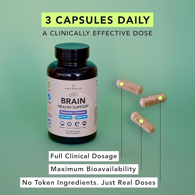 AMANDEAN Nootropic Brain Supplements for Memory and Focus, Improves Mental Clarity and Cognitive Function, Magnesium L-Threonate (Magtein), Lions Mane and Alpha GPC - (90 Veggie Capsules)