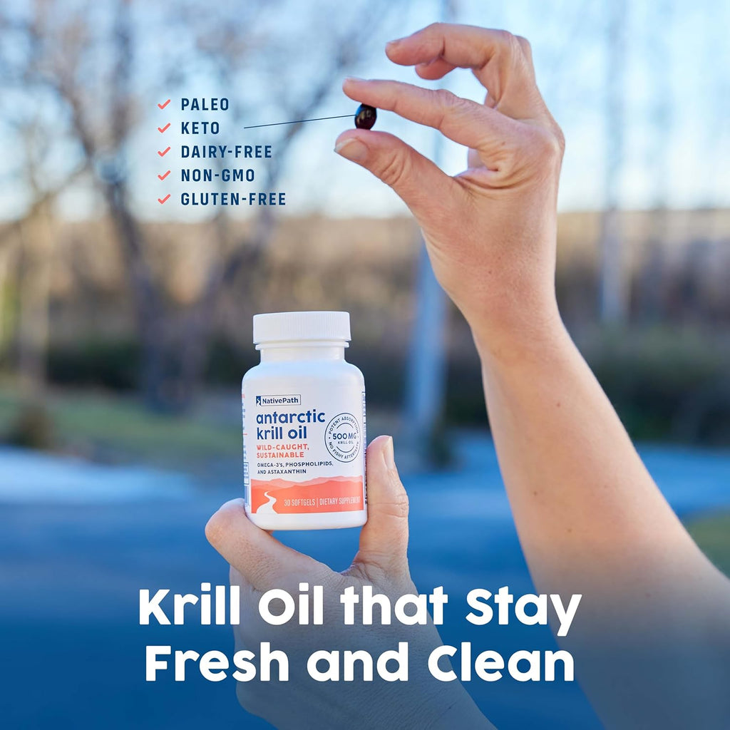 NativePath Wild-Caught Antarctic Krill Oil 500mg - Premium Astaxanthin 200mcg Phospholipid-Bound Omega-3 EPA DHA - Pure Formula GMP Certified Third Party Tested - 30 Softgels