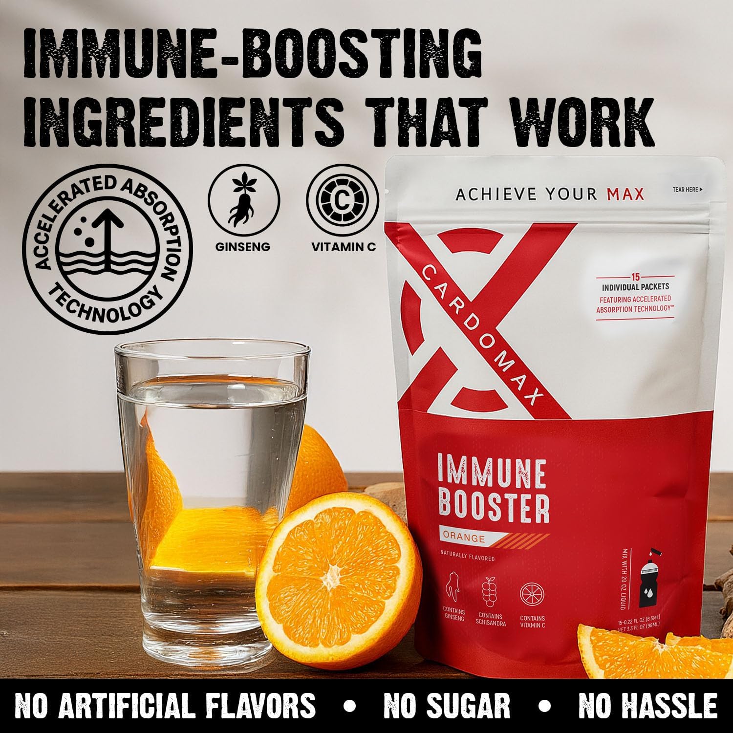 CardoMax Immunity Booster Liquid Drink Mix with Ginseng and Vitamin C for Kids and Adults, Immune Support Supplement for Energy and Wellness, Orange Flavor, 15 Single-Serve Liquid Stick Packs