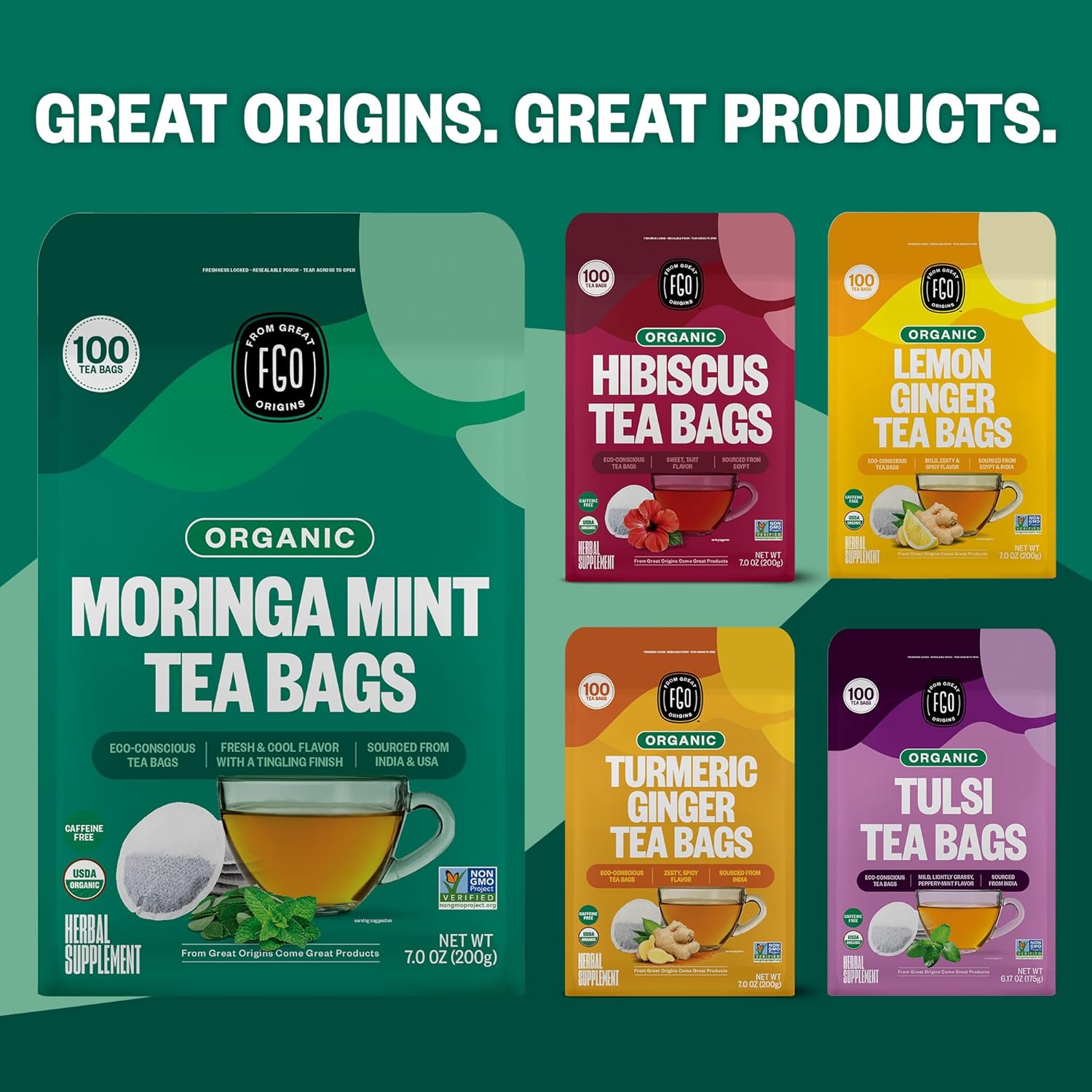 FGO Organic Moringa Mint Tea, 20 Count, Eco-Conscious Herbal Tea Bags, Resealable Bag, Caffeine Free, Packaging May Vary (Pack of 1)