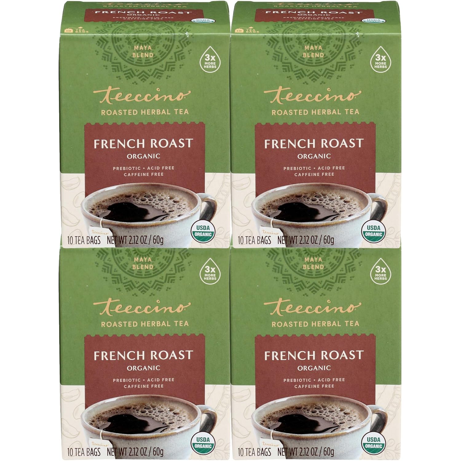 Teeccino French Roast Herbal Tea - Rich & Roasted Herbal Tea That’s Caffeine Free & Prebiotic for Natural Energy, Coffee Alternative, 10 Tea Bags (Pack of 4)
