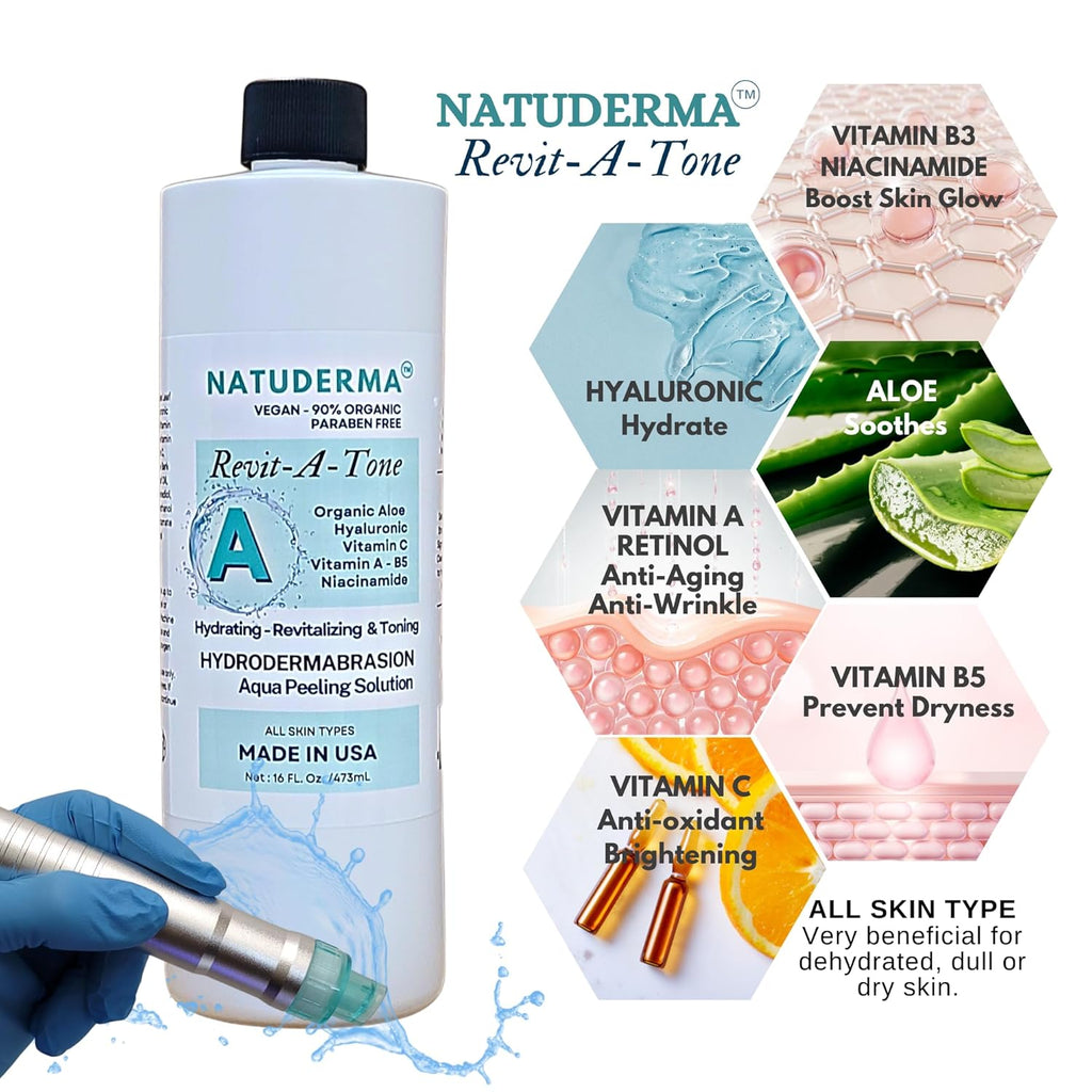 Hydrodermabrasion Solutions | Revitalizing Antioxidant Serum for Hydro Dermabrasion Machine and Oxygen Facial, Revita-A-Tone, 16 oz | and Hyaluronic Acid Serum with Vitamin C, 1oz, by Natuderma