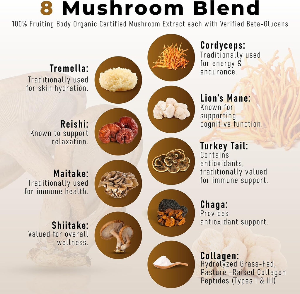 Organic Mushroom Coffee Certified Mold & Mycotoxin-Free GrassFed Collagen Types I & III 8 Fruiting Body Mushrooms Tested for Beta-Glucans Focus Energy Digestion & Immunity 30 Servings