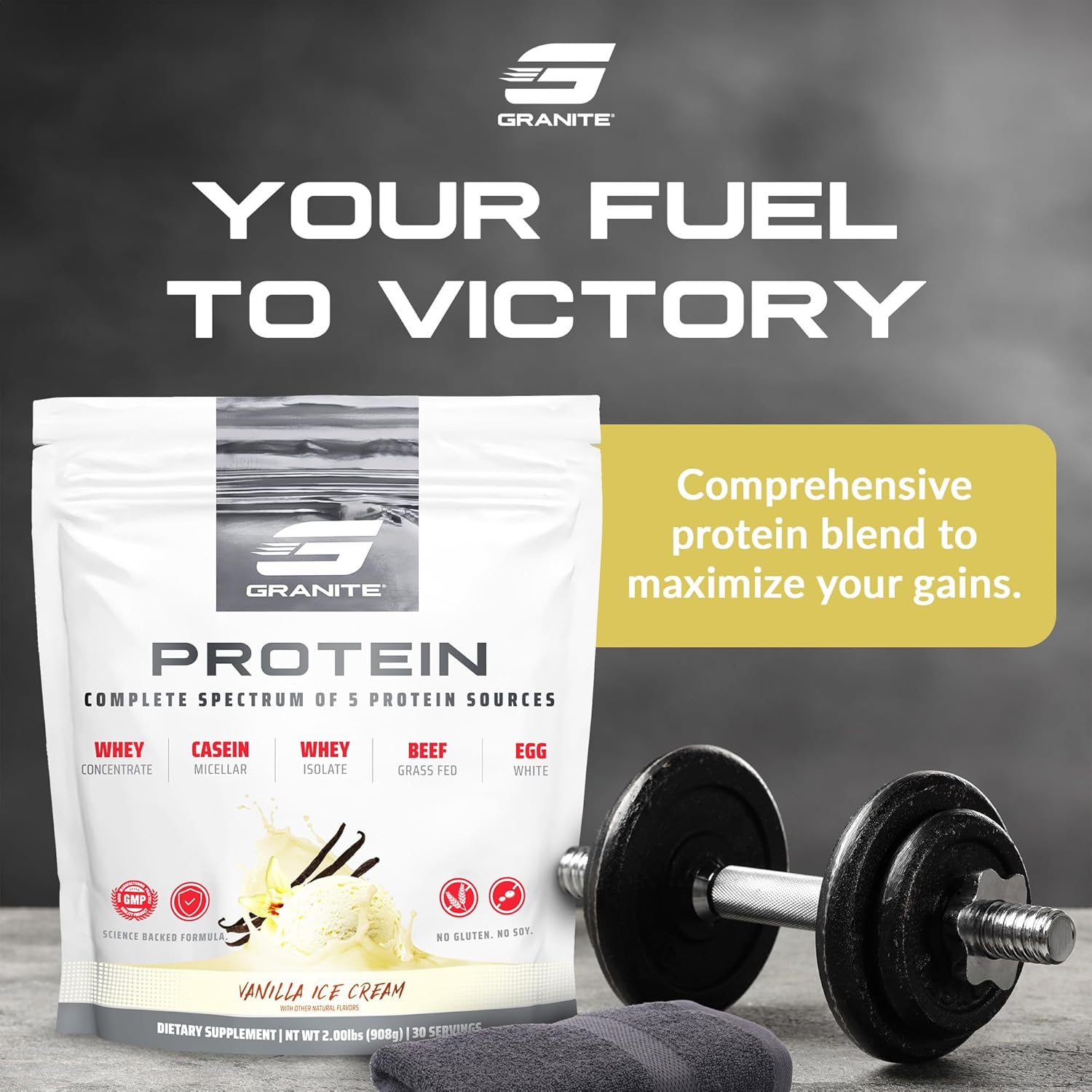 Granite Nutrition Protein Powder - Premium 5-Source Blend (Whey, Casein, Egg, Grass-Fed Beef) for Lean Muscle and Recovery - Vanilla Ice Cream, 30 Servings