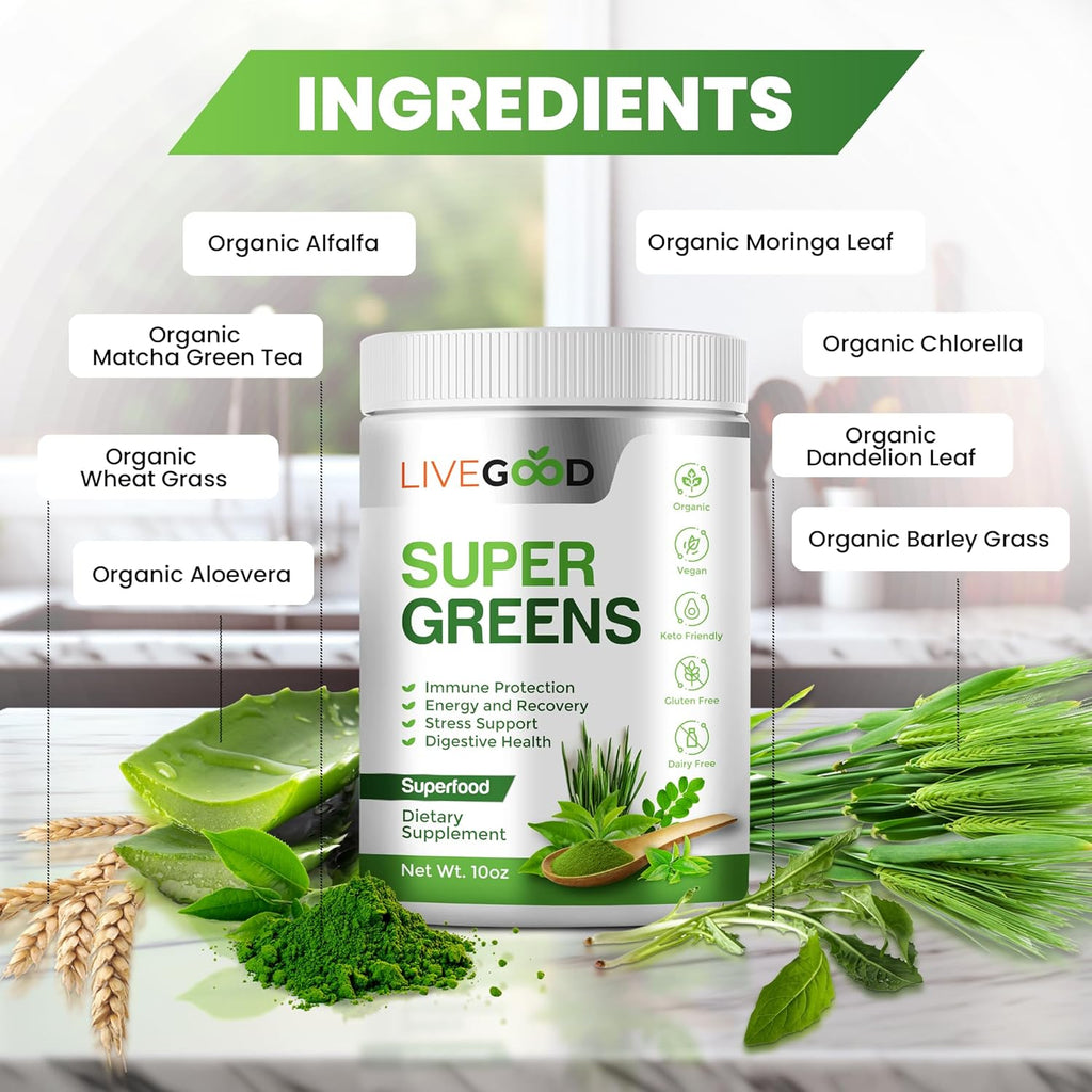 LIVEGOOD™ Organic Super Greens with Wheat, Barley, Oat Grass, Matcha Green Tea, Aloe Vera, Vegan, Gluten Free, 7.2 oz.