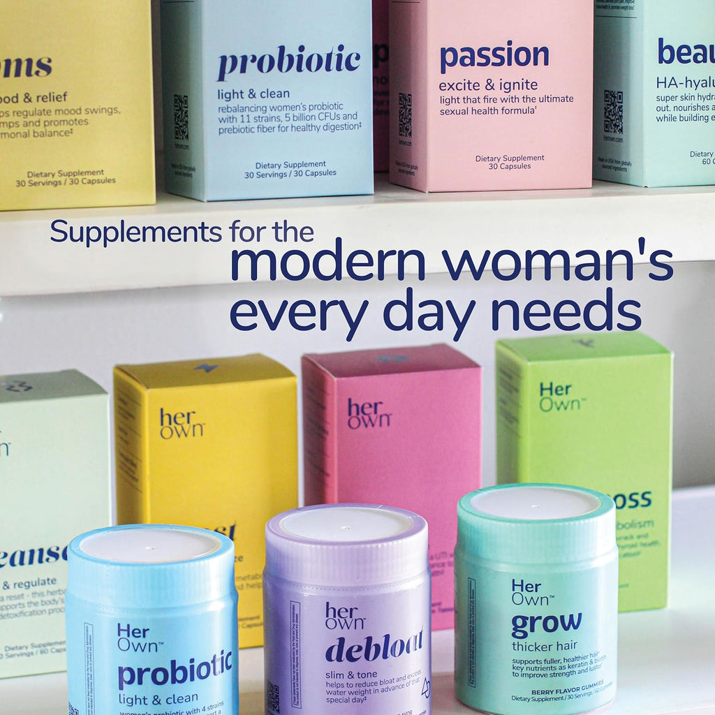 her own PMS, Supports PMS Symptoms, Promotes Positive Mood, Natural Hormone Balance, Helps Relieve Cramping, Hot Flashes Menopause Relief, Gluten and Soy Free, Vegan, 30 Capsules, 30 Servings