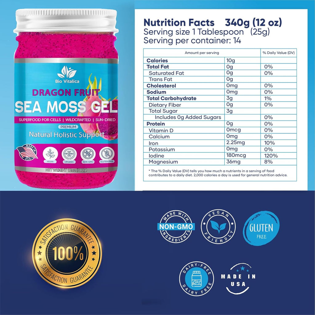 Sea Moss Gel by BioVitalica - Irish sea Moss raw Organic - Premium Quality - Dr Sebi, Vegan superfood for Cells - 100% Natural Seamoss Gel (Pack of 3, Dragon)