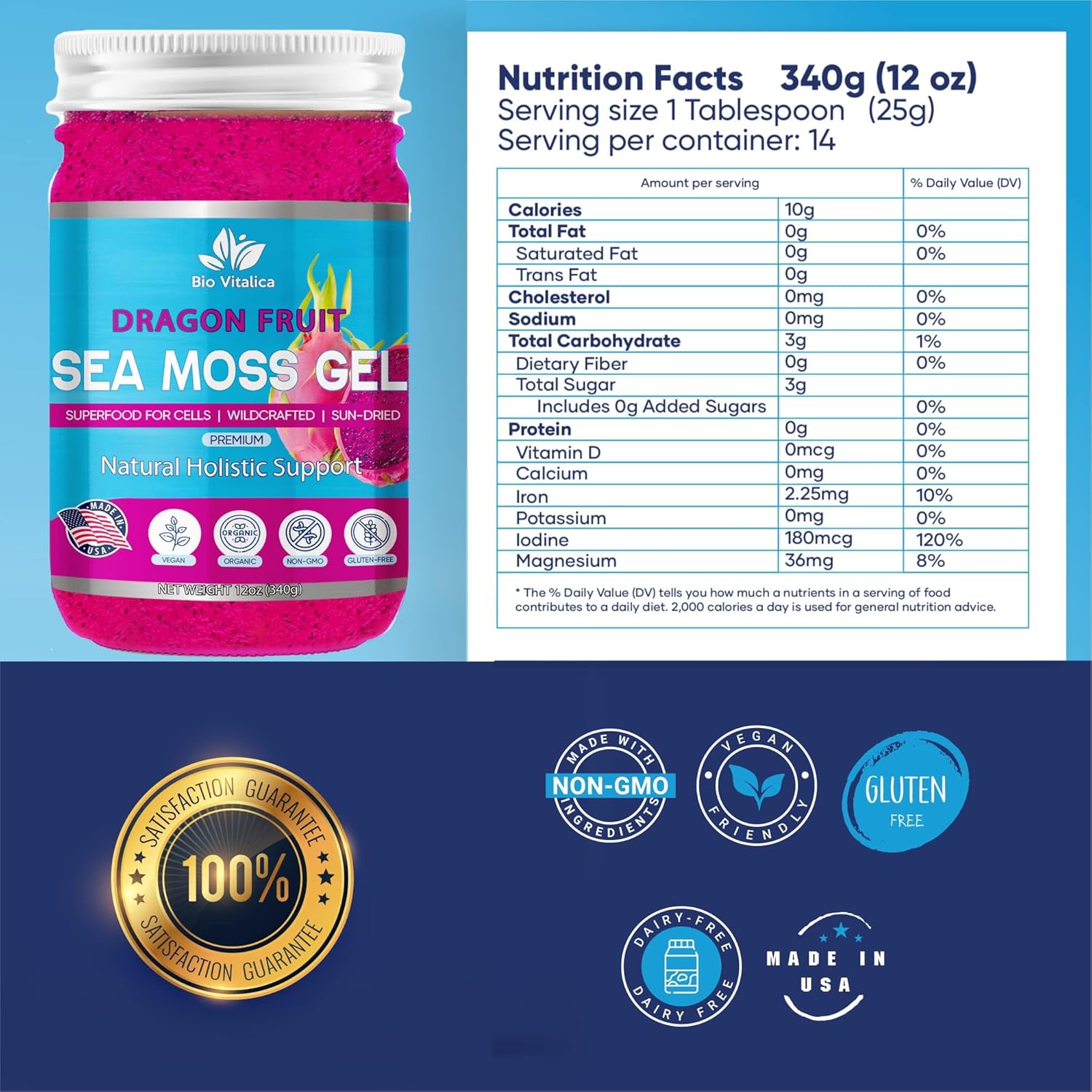 Sea Moss Gel by BioVitalica - Irish sea Moss raw Organic - Premium Quality - Dr Sebi, Vegan superfood for Cells - 100% Natural Seamoss Gel (Pack of 3, Dragon)