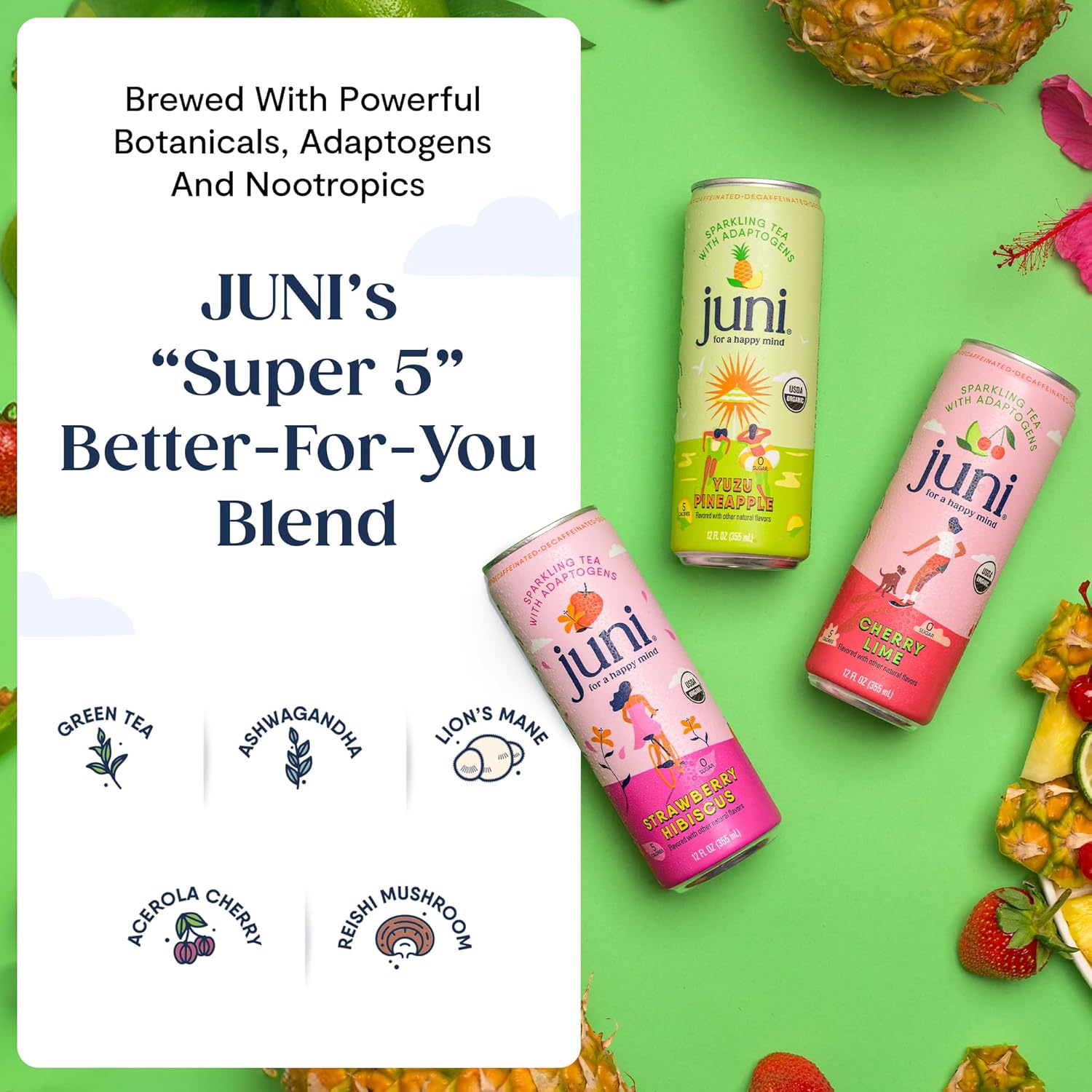 Juni Sparkling Adaptogen Drink with Ashwagandha, Lion’s Mane & Reishi Mushrooms | Green Tea for Focus, Zero Sugar, 5 Calories | Decaffeinated, Non Alcoholic Drinks - Cherry Lime 12 pack