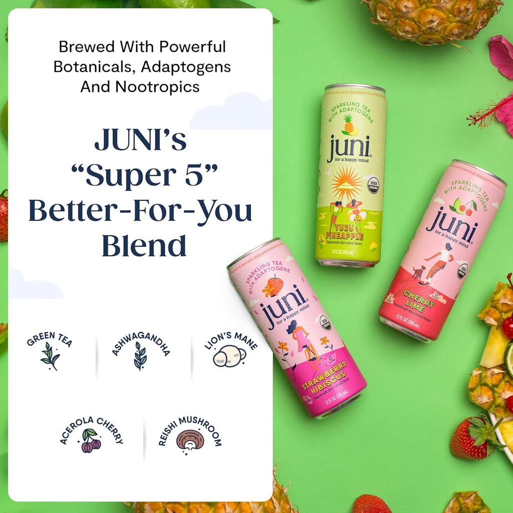 Juni Sparkling Adaptogen Drink with Ashwagandha, Lion’s Mane & Reishi Mushrooms | Green Tea for Focus, Zero Sugar, 5 Calories | Decaffeinated, Non Alcoholic Drinks – Variety Pack (12 Pack)