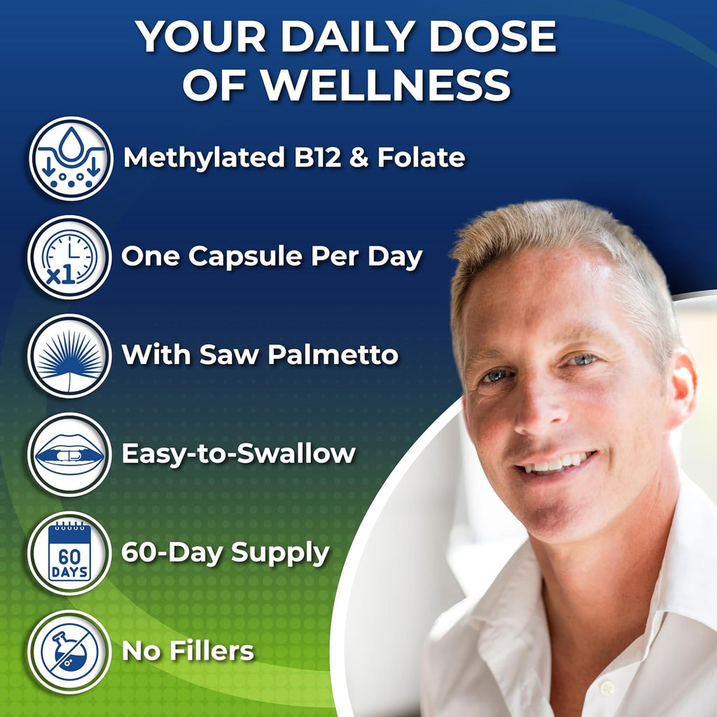 Men's Daily Multivitamin 50 Plus - Vegan Methylated Multivitamin for Men 50 and Over - Saw Palmetto, Biotin, Organic Superfoods, Lutein - Eye, Energy, Gut, Health Support - Easy to Swallow Capsules