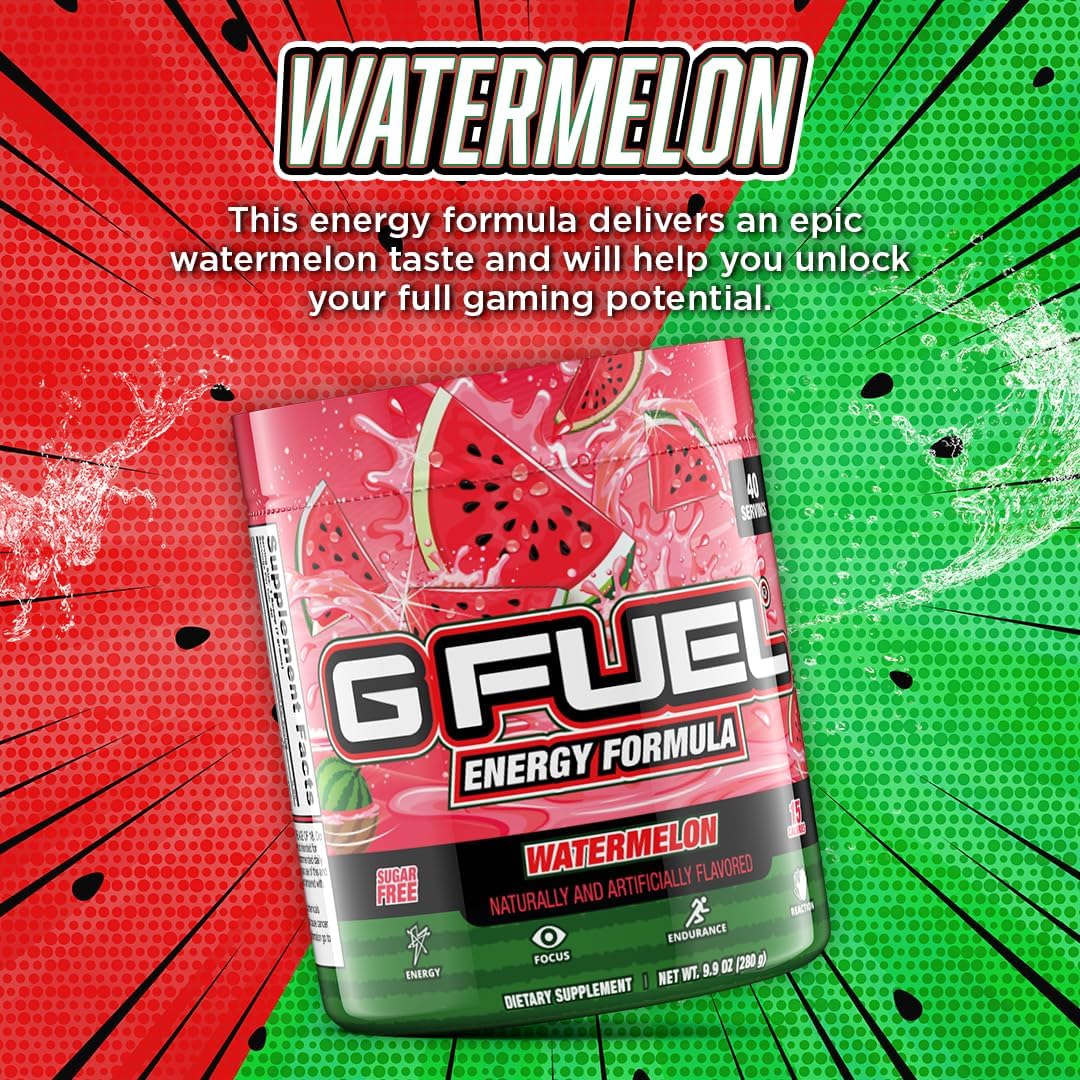 G fuel Watermelon Energy Drink Powder, Pre Workout Caffeine Mix for Gaming, Sugar Free Focus Amino, Vitamin + Antioxidants, 9.9oz (Watermelon, 40 Servings)