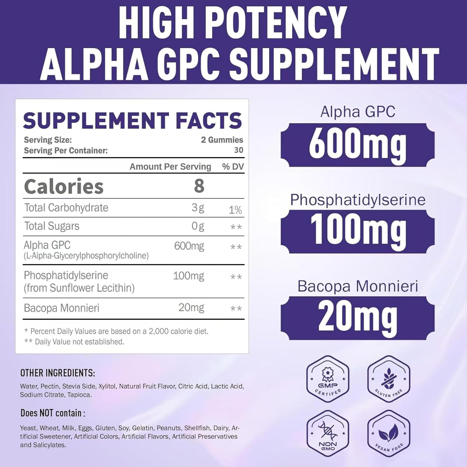 Alpha GPC Choline Gummies 600mg with Phosphatidylserine & Bacopa – 3-in-1 Brain Support for Memory, Focus & Long-Term Cognitive Health – Sugar-Free, Natural Formula, 60 Count