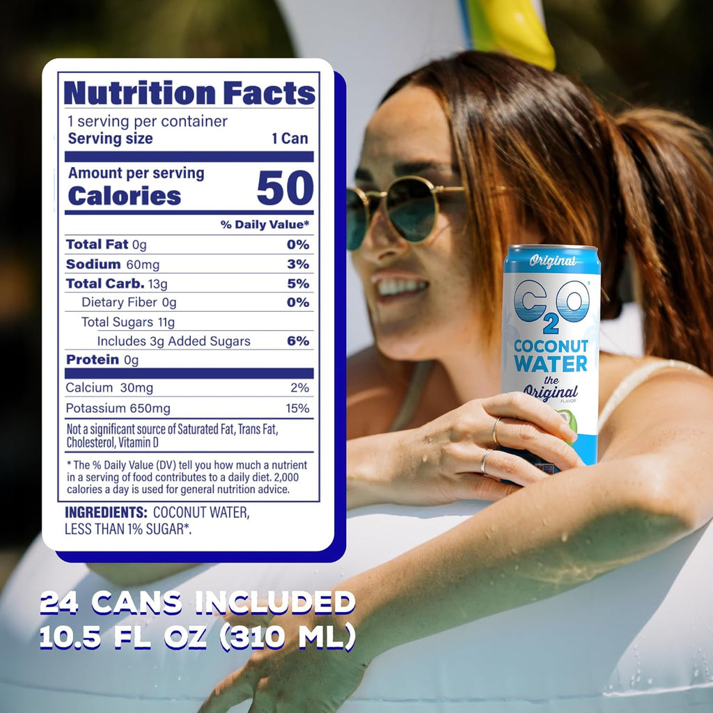 C2O - Coconut Water, The Original Flavor (24 Pack) - Made with Fresh Coconut Water - Plant Based - Non GMO - Canned Water - Natural Hydration, Essential Electrolytes, & Potassium - 24 Cans, 10.5 FL OZ
