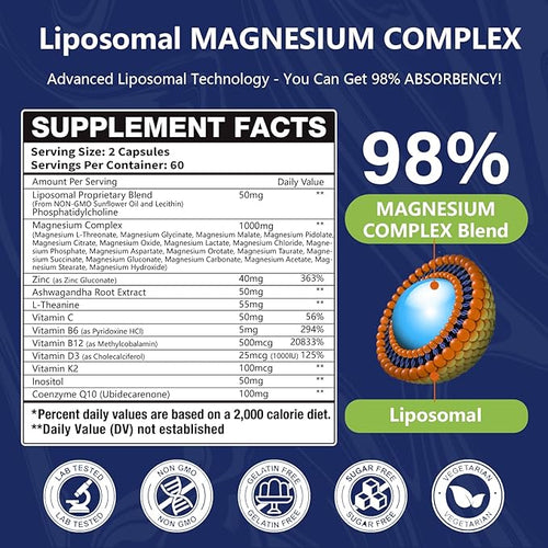 29-in-1 Liposomal 18 Active Types Magnesium Complex 1400MG Capsule,Mild & Efficient, L-Threonate Glycinate Malate etc, Extra Vitamin B6 B12 D3K2 & CoQ10, Relaxation Nerve* & Hert* Support