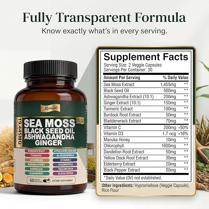 Sea Moss Capsules with Black Seed Oil, Ashwagandha & Ginger – Extra Strength 10:1 Herbal Blend with Turmeric, Burdock Root, Bladderwrack + Vitamin C & D3 – 60 Capsules (30 Servings)