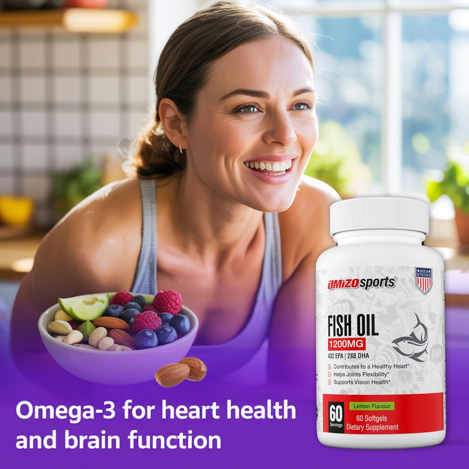 Omega-3 Fish Oil 1200mg, Lemon Flavour, High Potency EPA & DHA, Burpless Fish Oil Softgels for Heart, Brain & Joint Support, Omega 3 Supplement for Women & Men – 60 Softgels