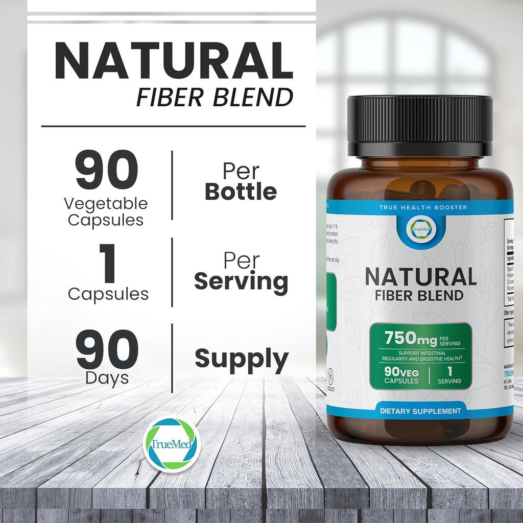 Natural Fiber Blend Supplement - Promotes Digestive Health, Cholesterol Balance, Cardiovascular Wellness - Psyllium Husk, Chia Seed, Flax Seed - 750mg Organic Fiber Blend