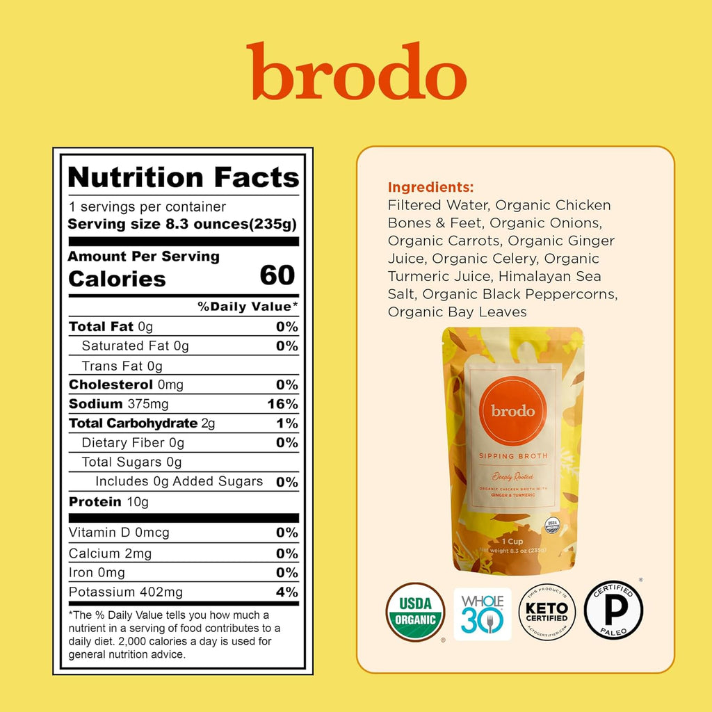 Brodo Broth Variety Pack | 1 Chicken, 1 Hearth, 1 Deeply Rooted, 1 Spicy Nonna, 1 Tom Yum, 1 Tuscan Sun Single Serving Pouches | Not Made From Concentrate, No Preservatives (6x 8.3 oz Pouches)