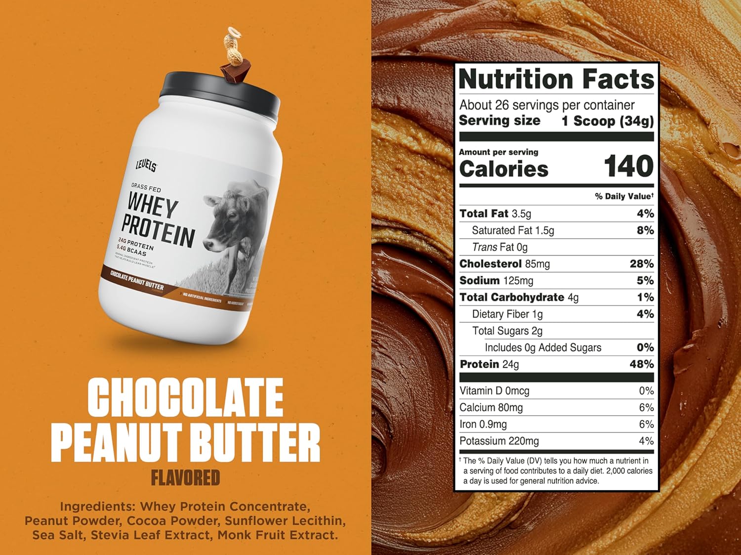 Levels Grass Fed Whey Protein Powder, No Artificials, 24G of Protein, Chocolate Peanut Butter, 2LB